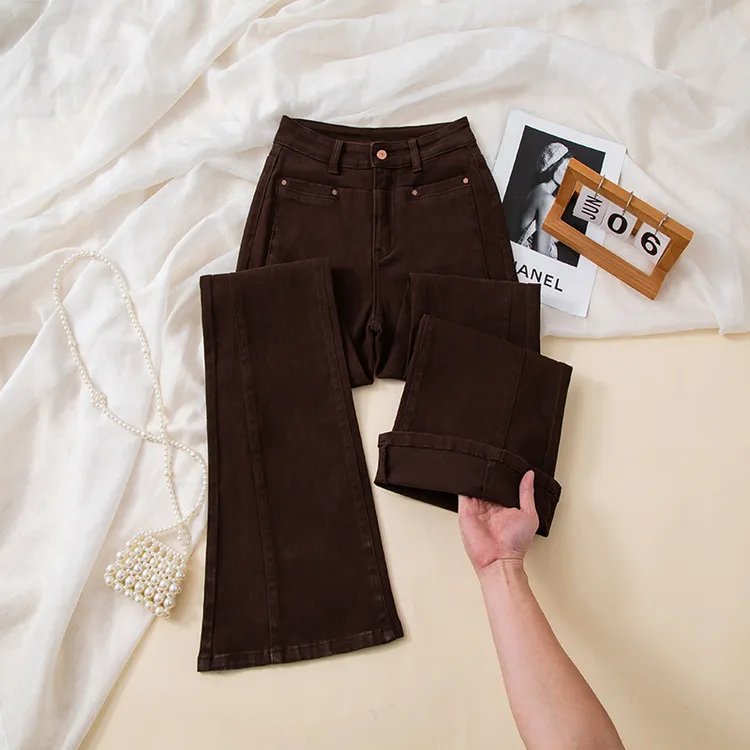 单裤/加绒咖色高腰微喇叭牛仔裤女弹力修身显瘦百搭裤子外穿