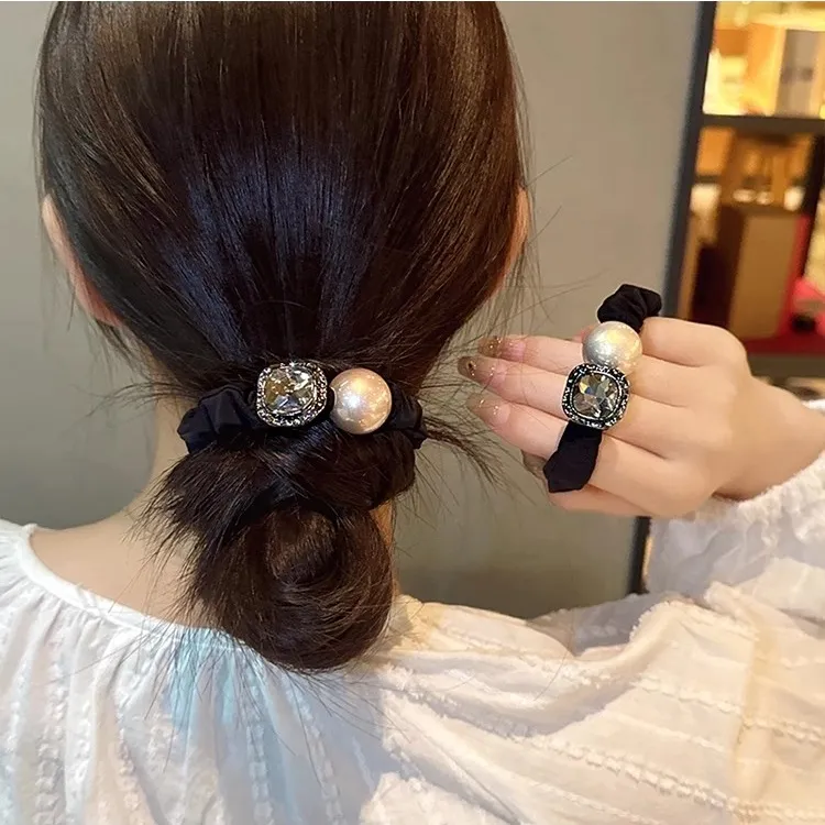高级感东大门新款水钻珍珠大肠发圈气质马尾发绳扎丸子头皮筋头饰