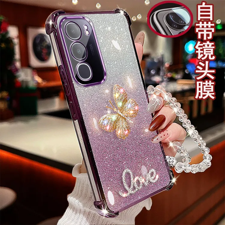 适用vivo y50 5G手机壳v2443a镶钻彩蝶四角气囊防摔保护套全包边