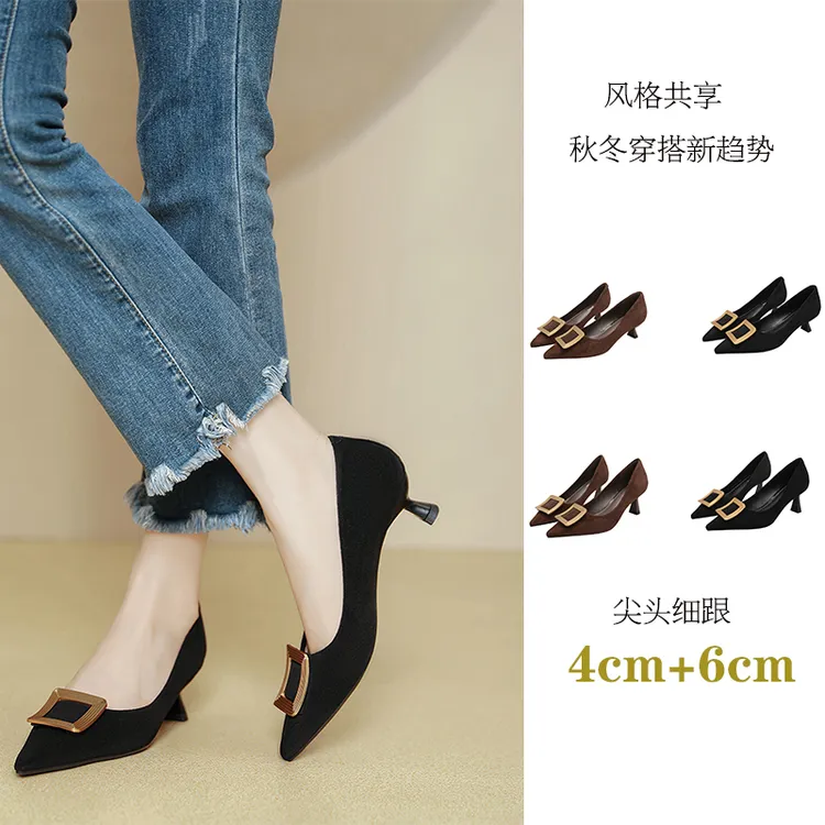 羊皮猄绒尖头女士职业高跟鞋法式春季小众高跟气质单鞋878-2