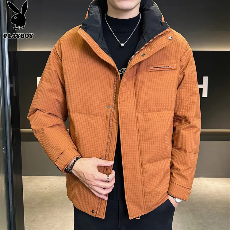 花花公子男士短款羽绒服冬季新款时尚潮流休闲加厚保暖立领外套男