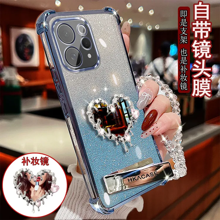 适用vivo S50手机壳2528A镶钻桌面支架爱心镜子防摔套网红镜头