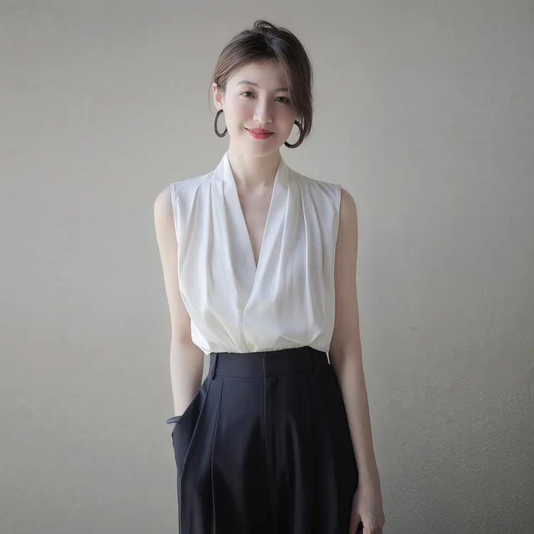 高端白色v领吊带背心女夏季新款西装内搭无袖衬衣挂脖气质上衣297