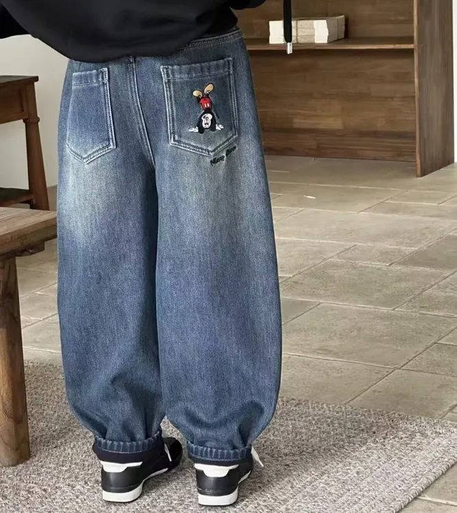 儿童冬装韩范加绒卡通绣花一体绒牛仔裤中大童一条过冬长裤 25636