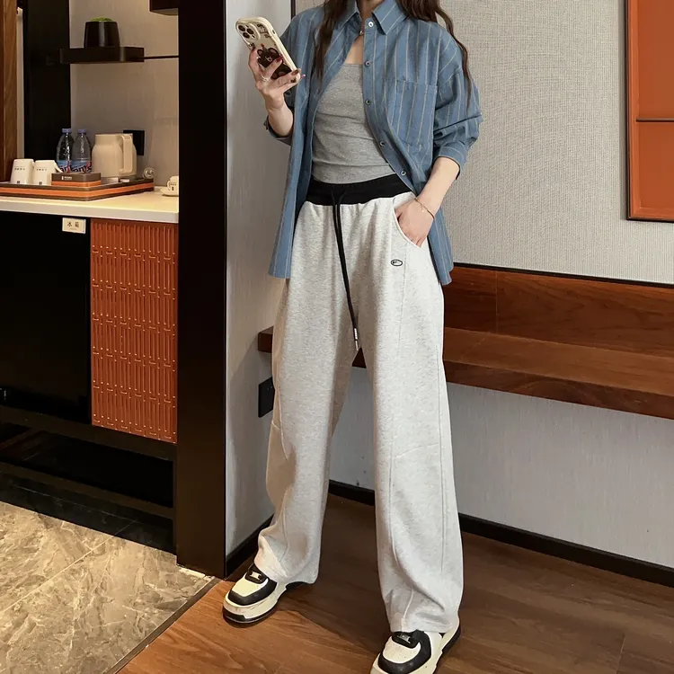 K216秋季新款时尚韩版螺纹刺绣女士直筒休闲百搭运动卫裤25-28
