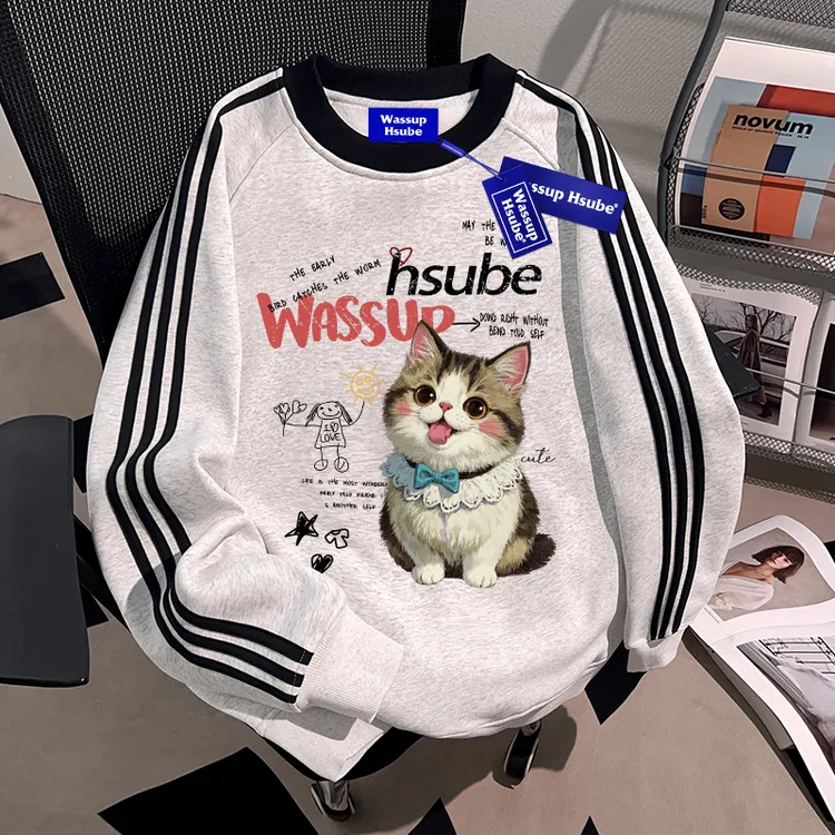 WASSUP HSUBE美式复古三条杠猫咪潮牌印花圆领卫衣重磅宽松男女款