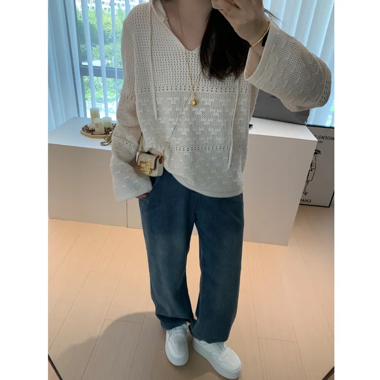 长袖连帽针织衫2025年大码女早秋新款宽松显瘦镂空时尚肌理感上衣
