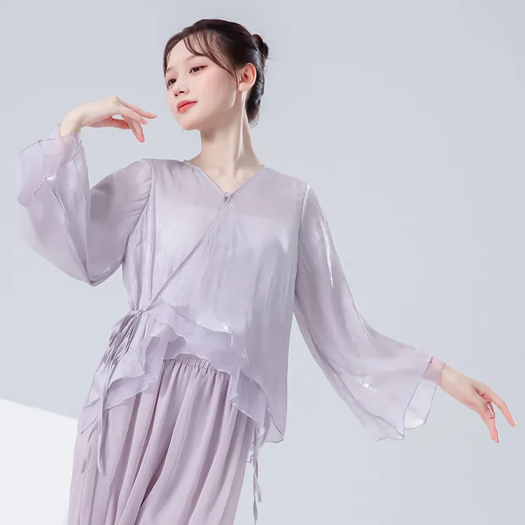 古典舞蹈服女交叉双层开衫飘逸身韵纱衣中国舞基训形体练功服上衣