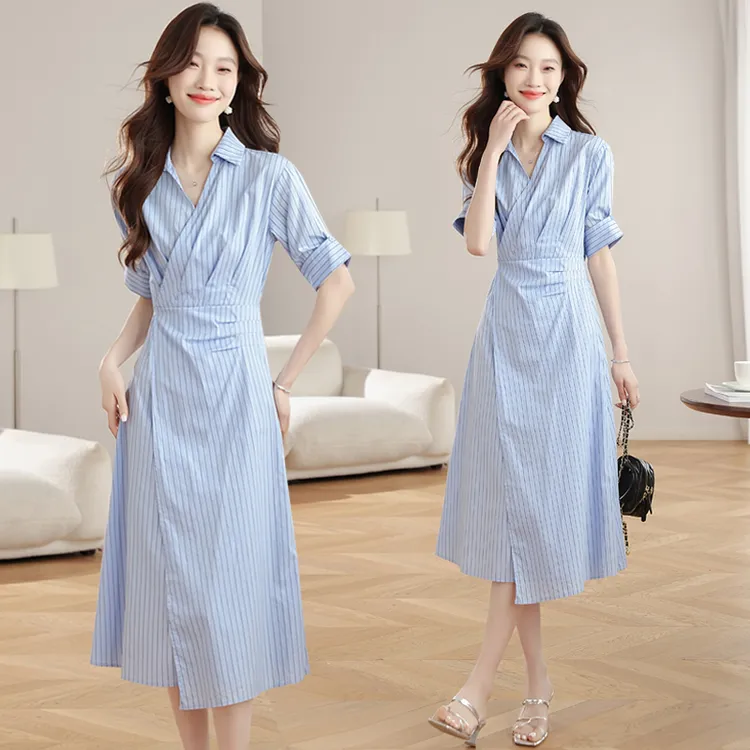 新款学院风条纹衬衫连衣裙子女夏季法式气质绝美好看中长裙