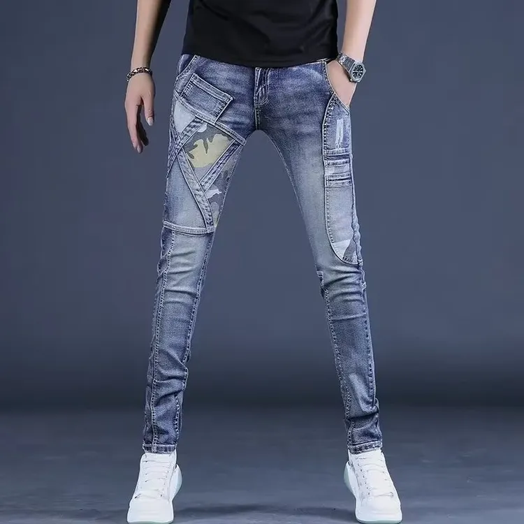 小直脚拼接牛仔裤男夏季潮牌复古弹力修身欧美青少年百搭耐磨长裤