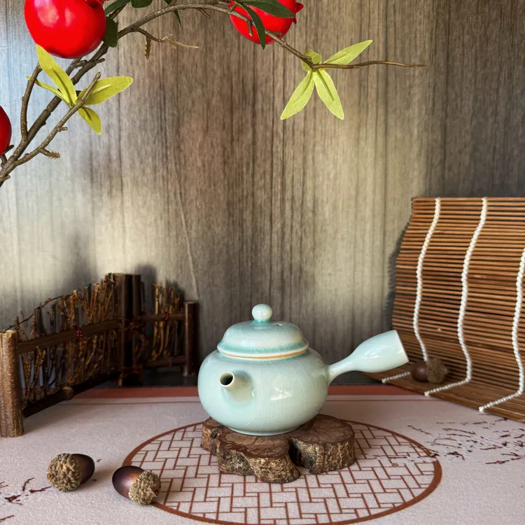 廿一汝瓷【侧把壶】约120ml 仿古釉 柳条纹大开片 一级品 宋式经典