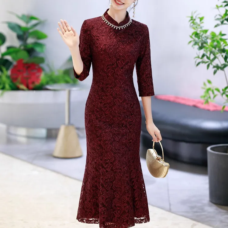 优雅名媛酒红魅惑中袖蕾丝修身连衣裙女花纹设计气质显瘦宴会战袍