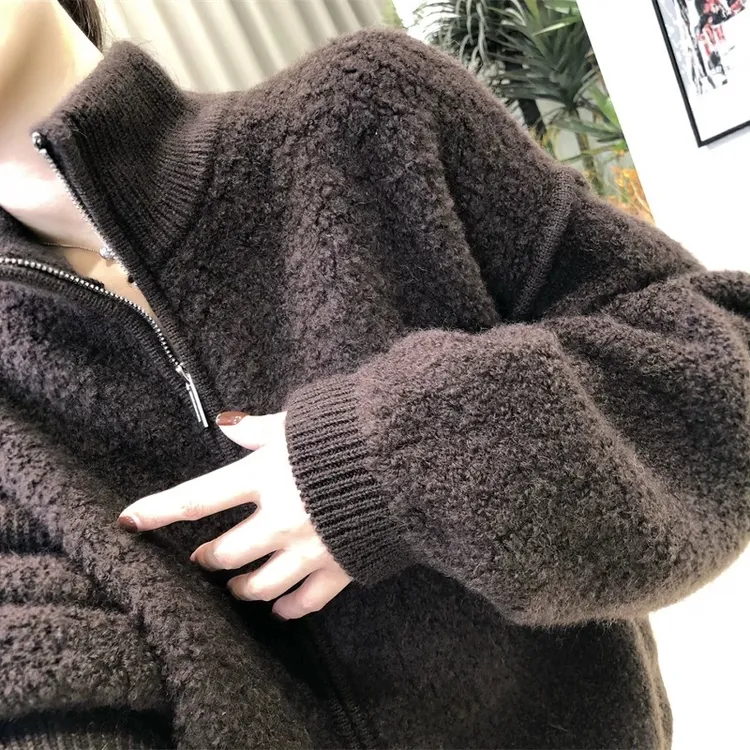 3574【翻领颗粒感圈圈绒拉链开衫】秋季新款女士欧货毛衣宽松外穿