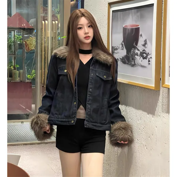 辣妹复古风毛领牛仔外套女2025秋冬季休闲百搭短款蓝色长袖上衣潮