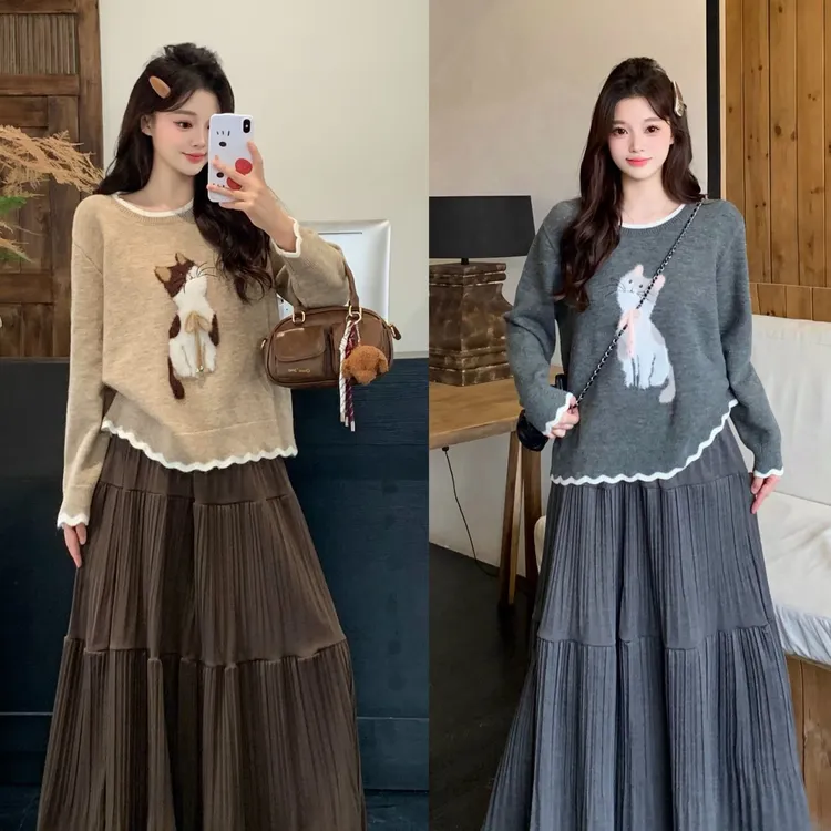 2025新款胖mm大码绣花小猫毛织上衣高腰半身裙套装72101+23288