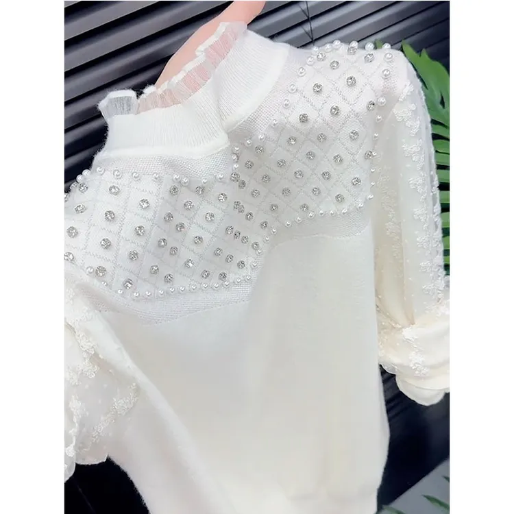 法式白色高领蕾丝针织衫女2025冬季大码胖MM修身显瘦内搭打底上衣