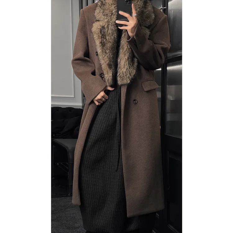 龙叨叨秋冬新品高级感复古大毛领毛呢大衣男中长款过膝呢子外套潮