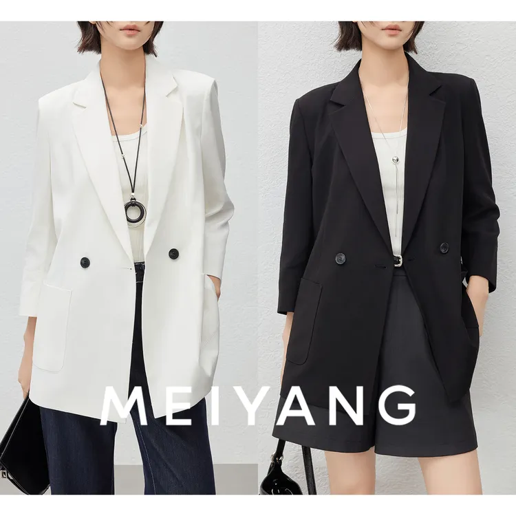 A美洋MEIYANG新品气质商场同款盖茨比西装双排扣七分袖西服外套女