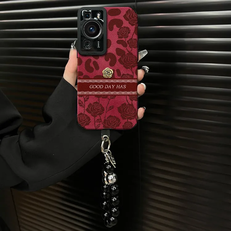 适用于【华为p60】豹纹玫瑰ins风秋冬酒红翻毛皮网红创意手机壳女款