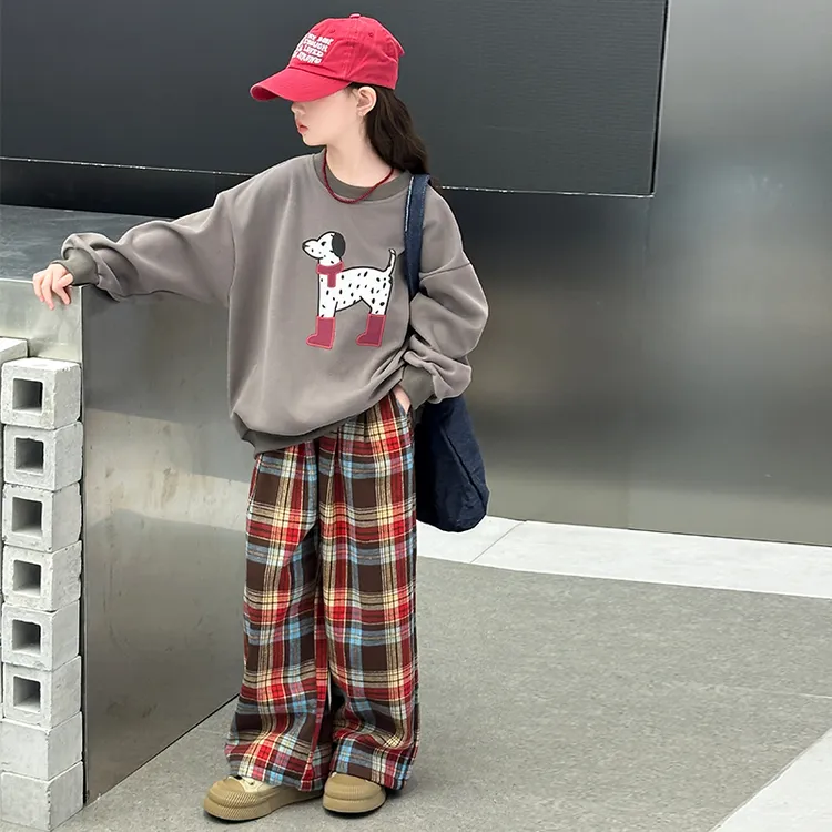 女童卡通卫衣格子裤套装春秋2025新款中大童休闲可爱圆领洋气穿搭