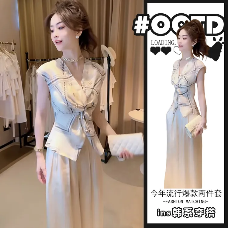 富家名媛精致感黑白线条无袖衬衫裤套装2025质感超好的贵气两件套