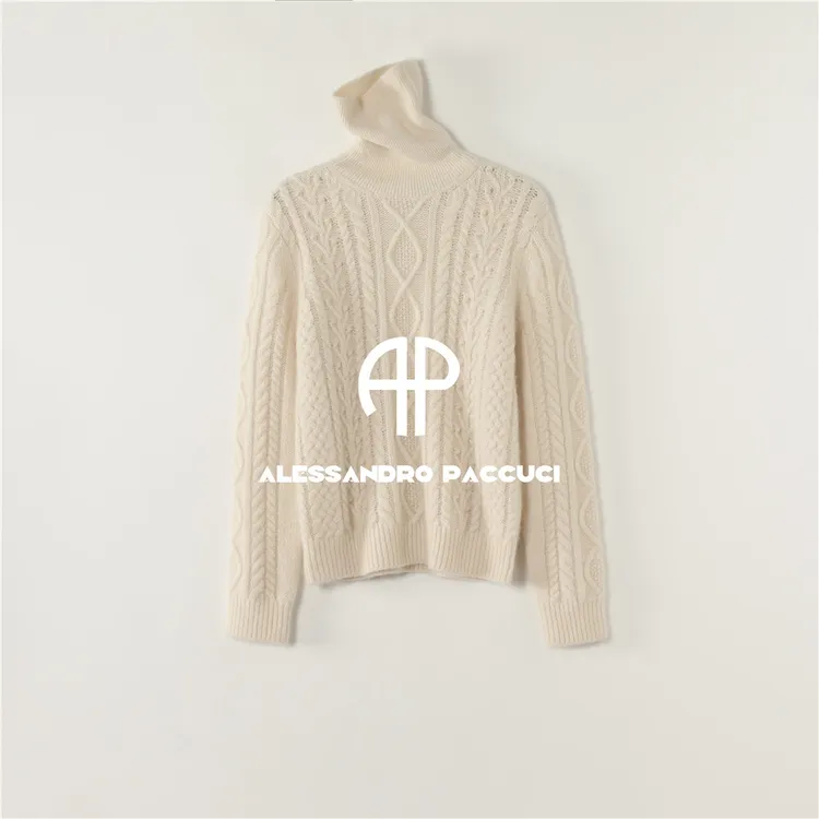 AP洛哥61002ST【蒸米糕】羊绒+桑蚕丝高领绞花长袖时尚套头针织衫