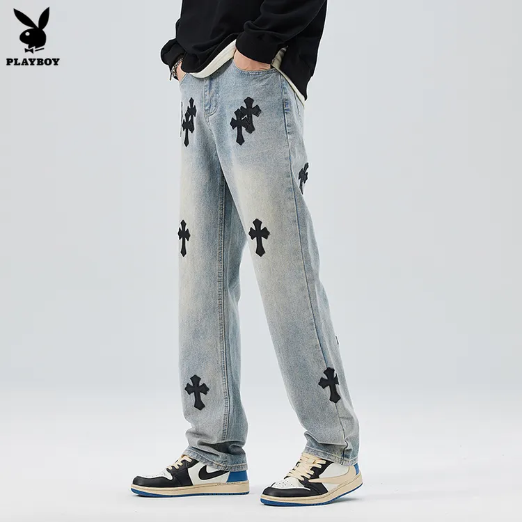 花花公子春秋十字架美式高街潮牌牛仔裤宽松直筒水洗百搭休闲裤男