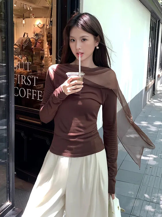 韩系巨好看斜肩飘带挂脖长袖针织衫女早秋氛围感修身显瘦露肩上衣