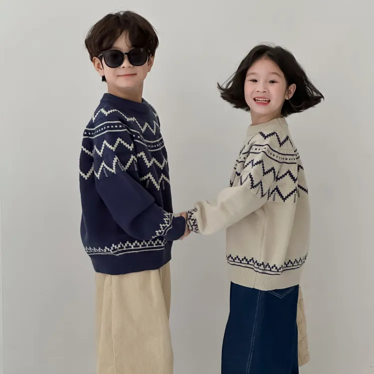 秋季新款男童女童韩版波浪针织上衣圆领休闲宽松毛线上衣毛衣