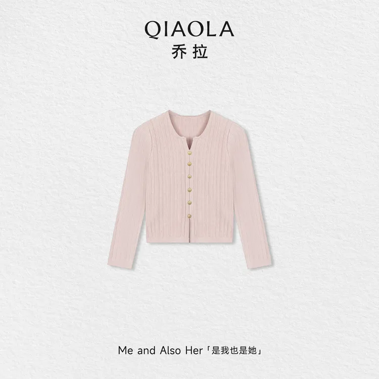 QIAOLA/乔拉【少女甜梦】秋冬坑条针织衫开叉正肩亲肤显瘦百搭毛衣