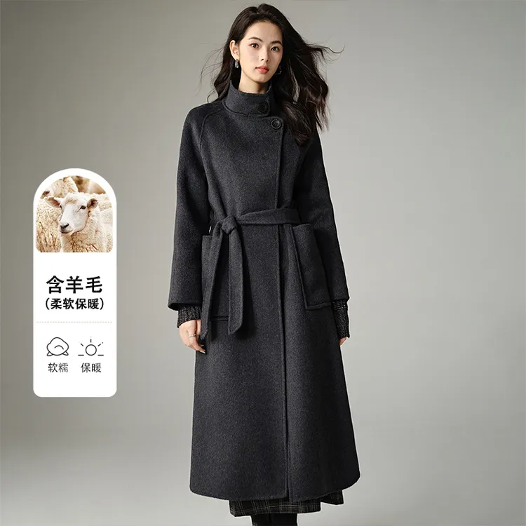 晚白【新品】2025冬系带上衣百搭长款大衣女25062156