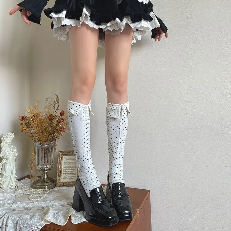 袜贵人自制款波点小圆点日系衬衫翻领纽扣领子空气棉中筒小腿袜女