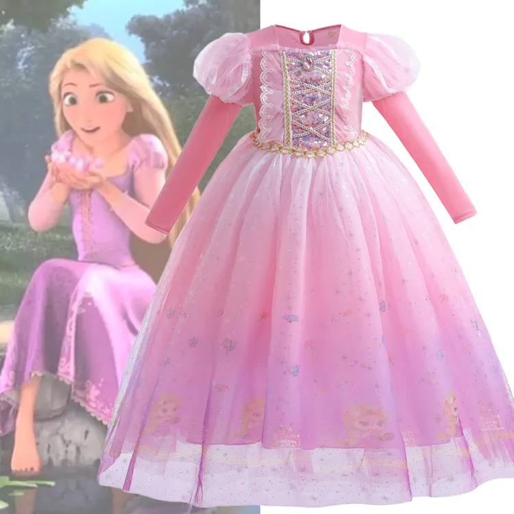 秋冬乐佩公主裙女童在逃公主长袖裙子生日裙粉色长发公主礼服裙