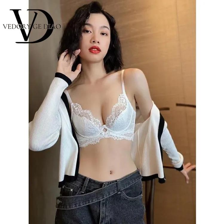 维多利亚白色内衣女大胸显小缩胸薄款防下垂bra法式透气蕾丝超薄
