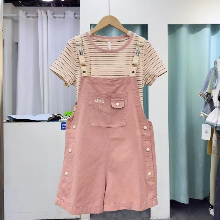粉色背带裙条纹T恤套装女2025夏季新款小个子龄减显瘦洋气两件套