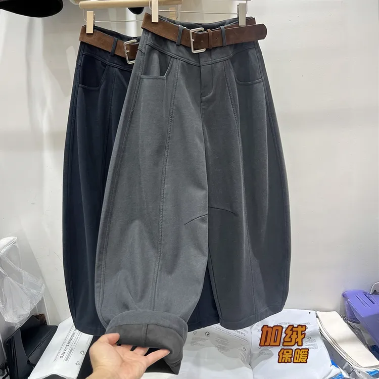 韩系加绒加厚休闲阔腿裤女2025冬季新款高腰宽松遮胯直筒弯刀长裤