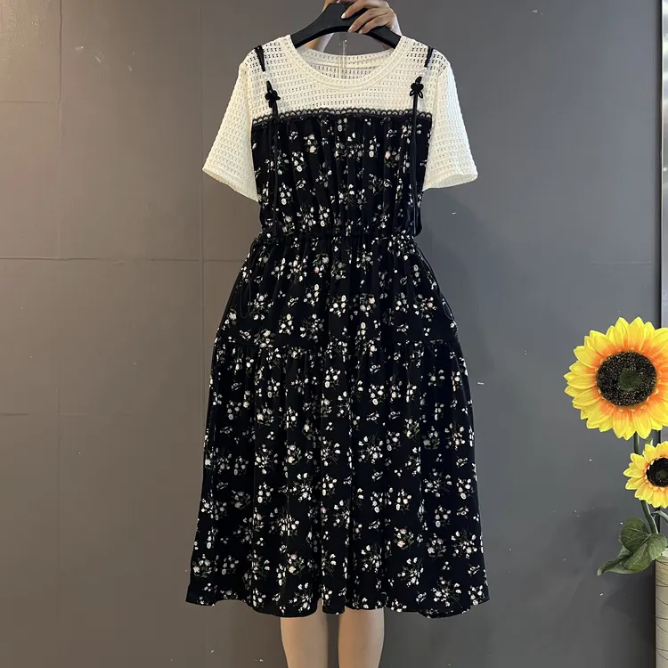 夏季法式拼接洋气显瘦中长裙碎花连衣裙24078
