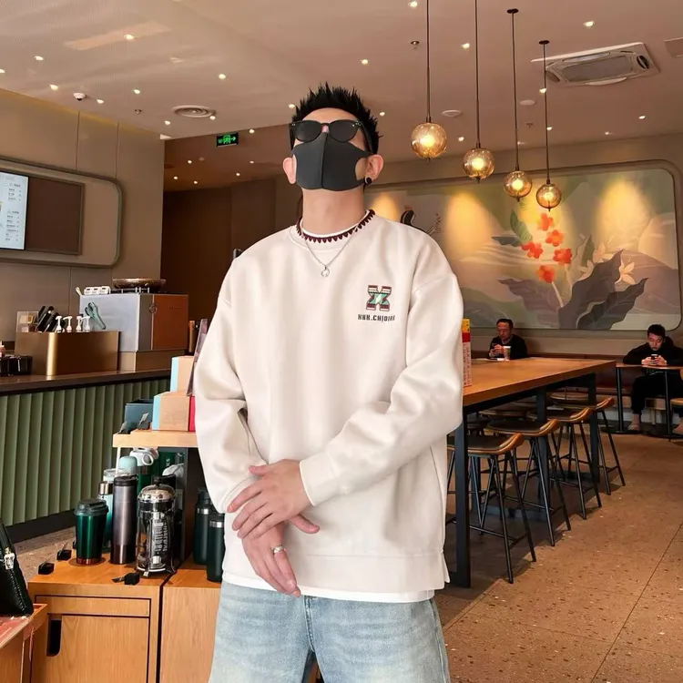 百搭简约个性潮流假两件设计绣标时尚潮流男女同款长袖圆领卫衣