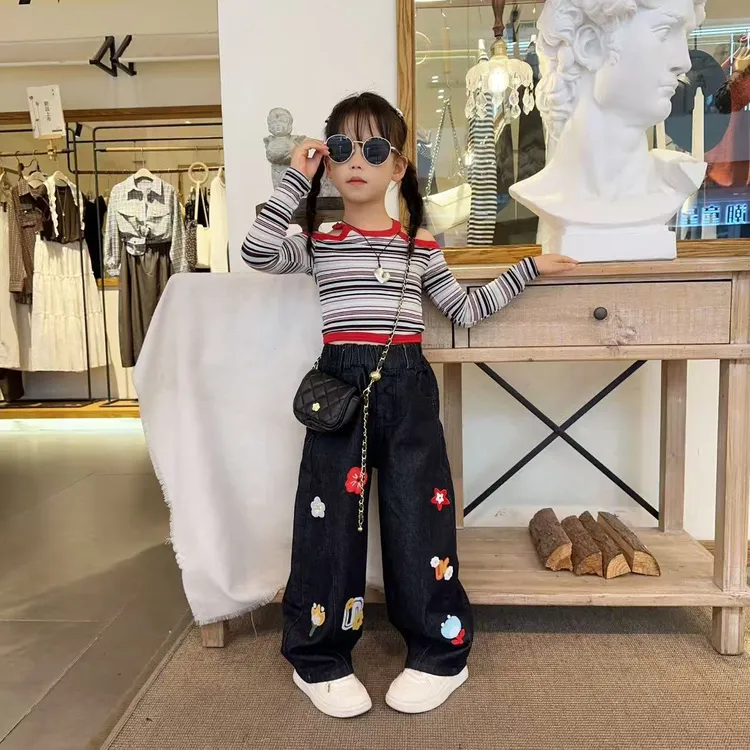 女童裤子春秋2025新款童装长裤儿童韩系女大童高腰牛仔裤条纹套装