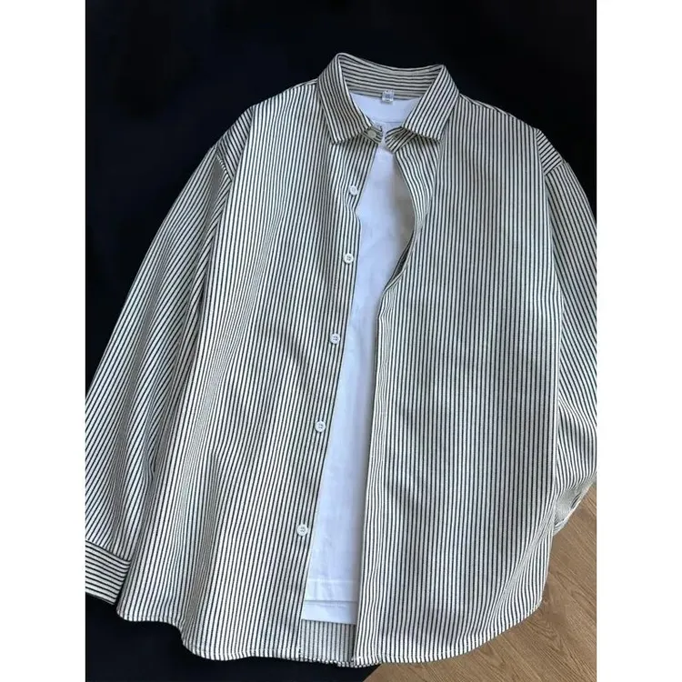暗扣黑白竖条纹长袖衬衫男款春秋美式复古打底衬衣设计感开衫外套