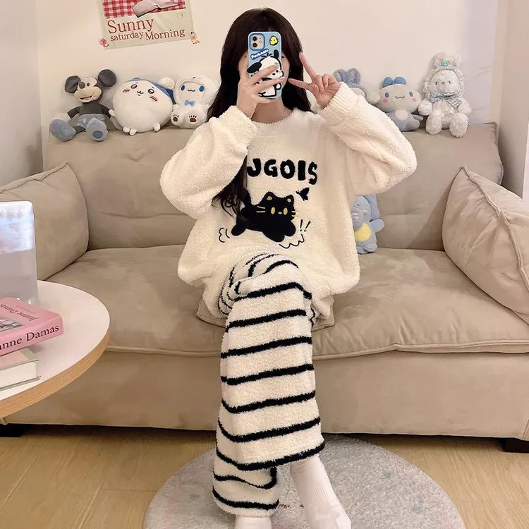 范哲萨半边绒睡衣女款冬季加厚加绒珊瑚绒可爱小猫学生套装家居服