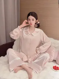 2025夏季纯欲风轻奢娃娃丝冰丝睡衣甜美荷叶边2件套家居服套装女
