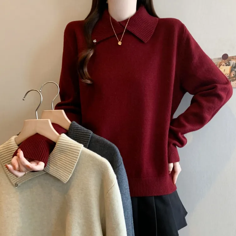 秋冬新款大码简约纯色柔软百搭翻领针织女士长袖常规衣长铜氨