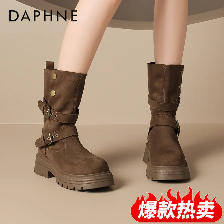 达芙妮网红爆款巴恩风西部牛仔靴女冬季新款厚底增高中筒骑士靴女