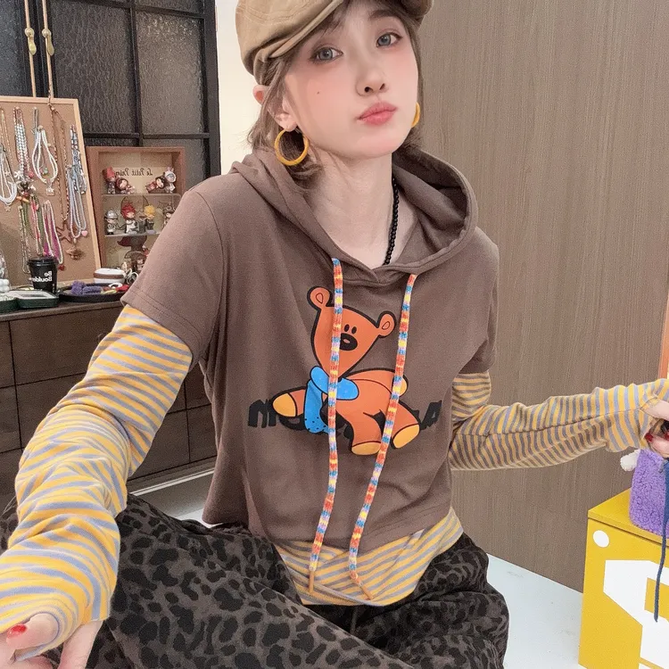Apr.【躺平小熊】秋冬新款条纹假两件卫衣印花连帽长袖上衣25ST537