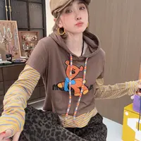 Apr.【躺平小熊】秋冬新款条纹假两件卫衣印花连帽长袖上衣25ST537