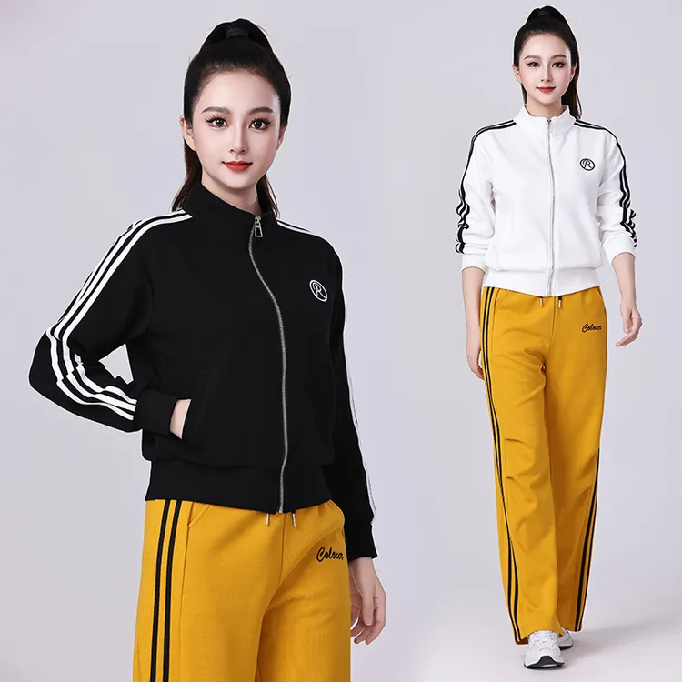 2025秋季新款广场舞绣花立领运动健身三条杠长袖修身简约百搭外套