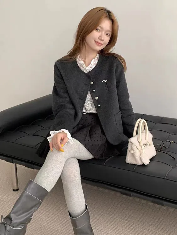 2025秋冬新高级时尚短款香风小个子双面羊毛大衣毛呢外套宽松纯色