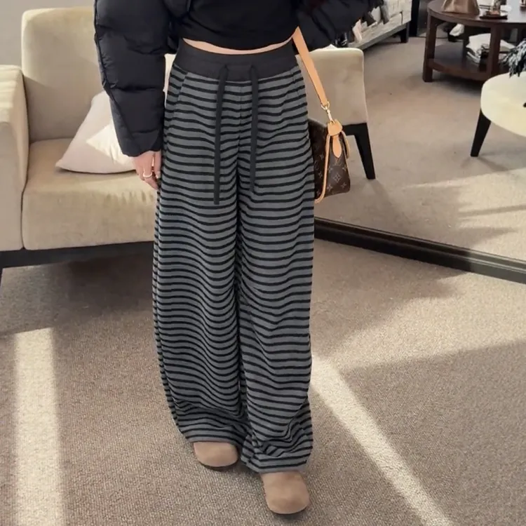 爆款时尚加绒加厚条纹休闲裤女装2025冬季宽松显瘦高腰抽绳阔腿裤