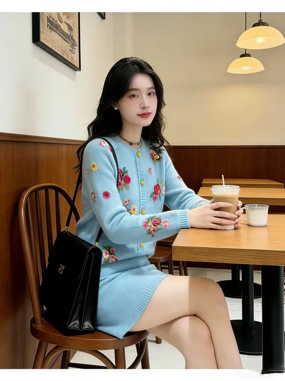 100%纯羊毛花卉提花开衫简约减龄时尚毛衣小香风羊毛单排扣开衫